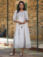 Women's White Cambric Printed Flared Dress